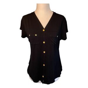 Gomes Confeccoes Short Sleeve Cardigan Sweater Black Knit V-Neck M
